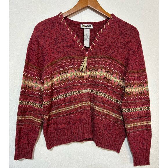 Vintage Tiara Nordic Print Burgundy Pink Zip Ramie Cotton Front Sweater Size PM - Picture 1 of 6